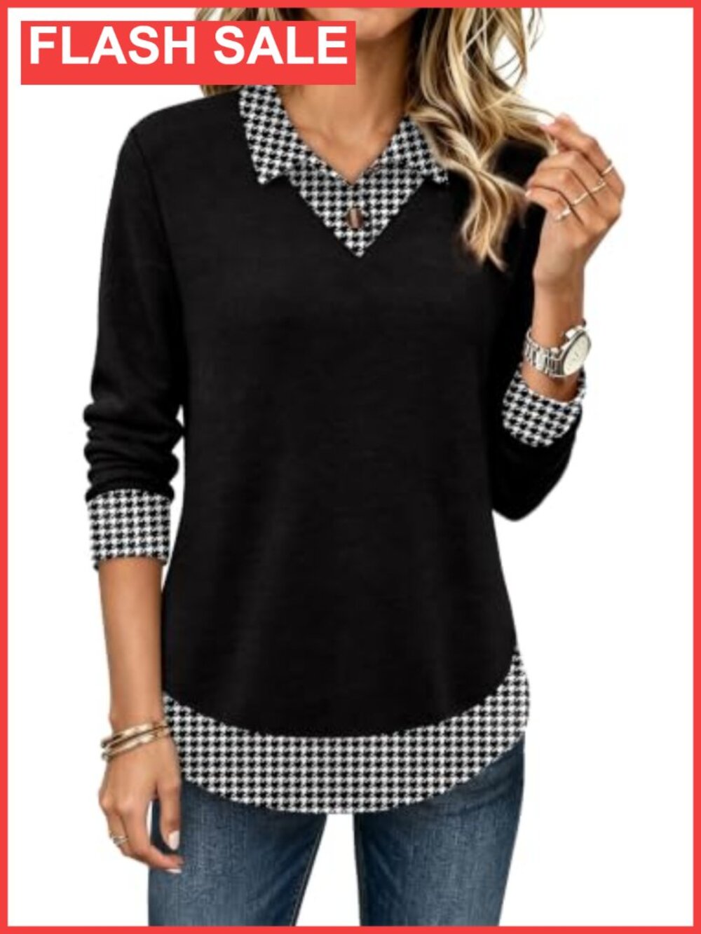 Womens Long Sleeve Polo Tunic Top Faux Layered Business Casual Blouse